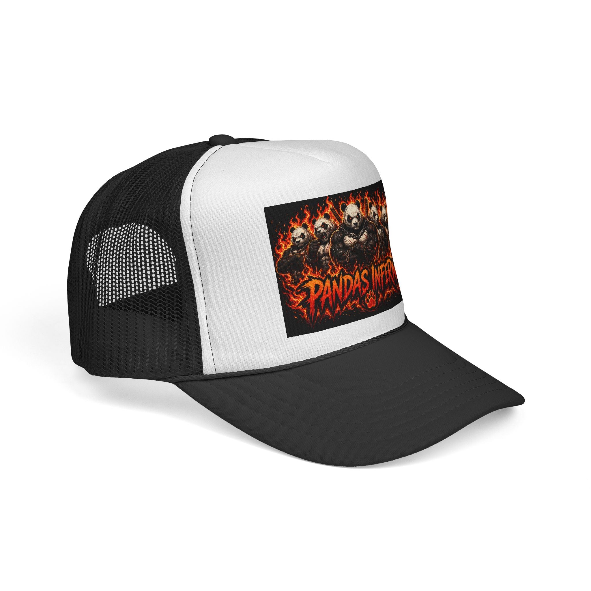 Pandas Inferno trucker cap | flaming panda skulls design