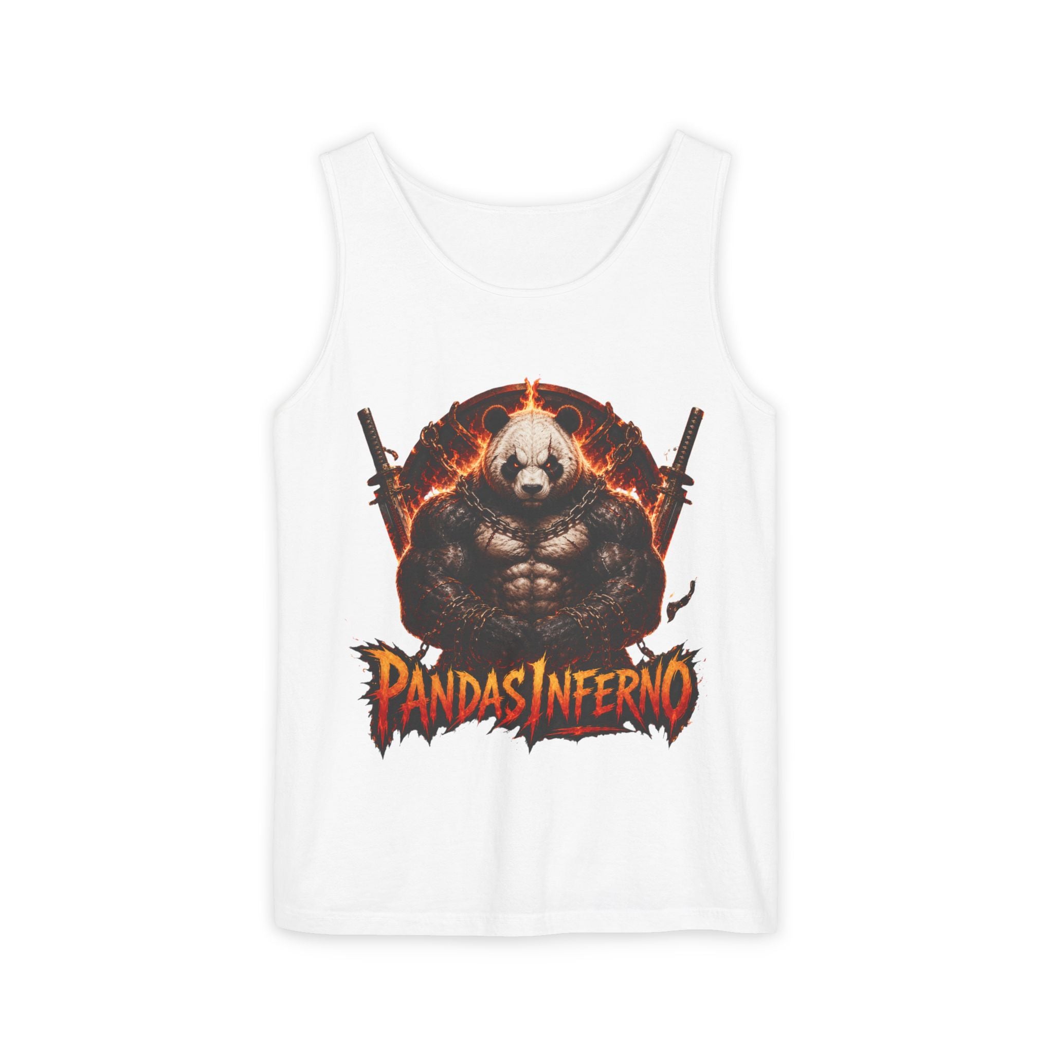 Pandas Inferno muscular panda graphic Tank Top | flaming skull, dual guns