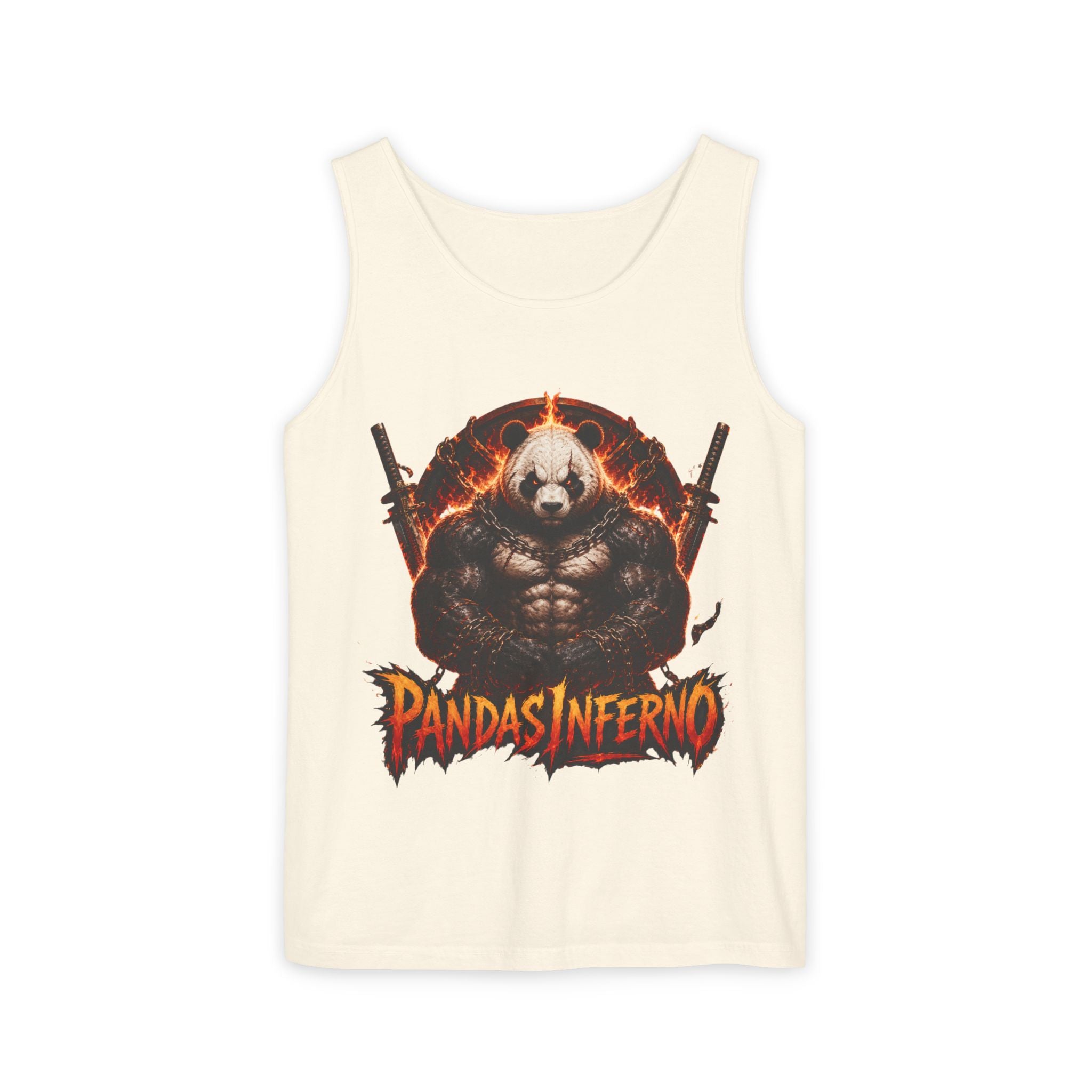 Pandas Inferno muscular panda graphic Tank Top | flaming skull, dual guns