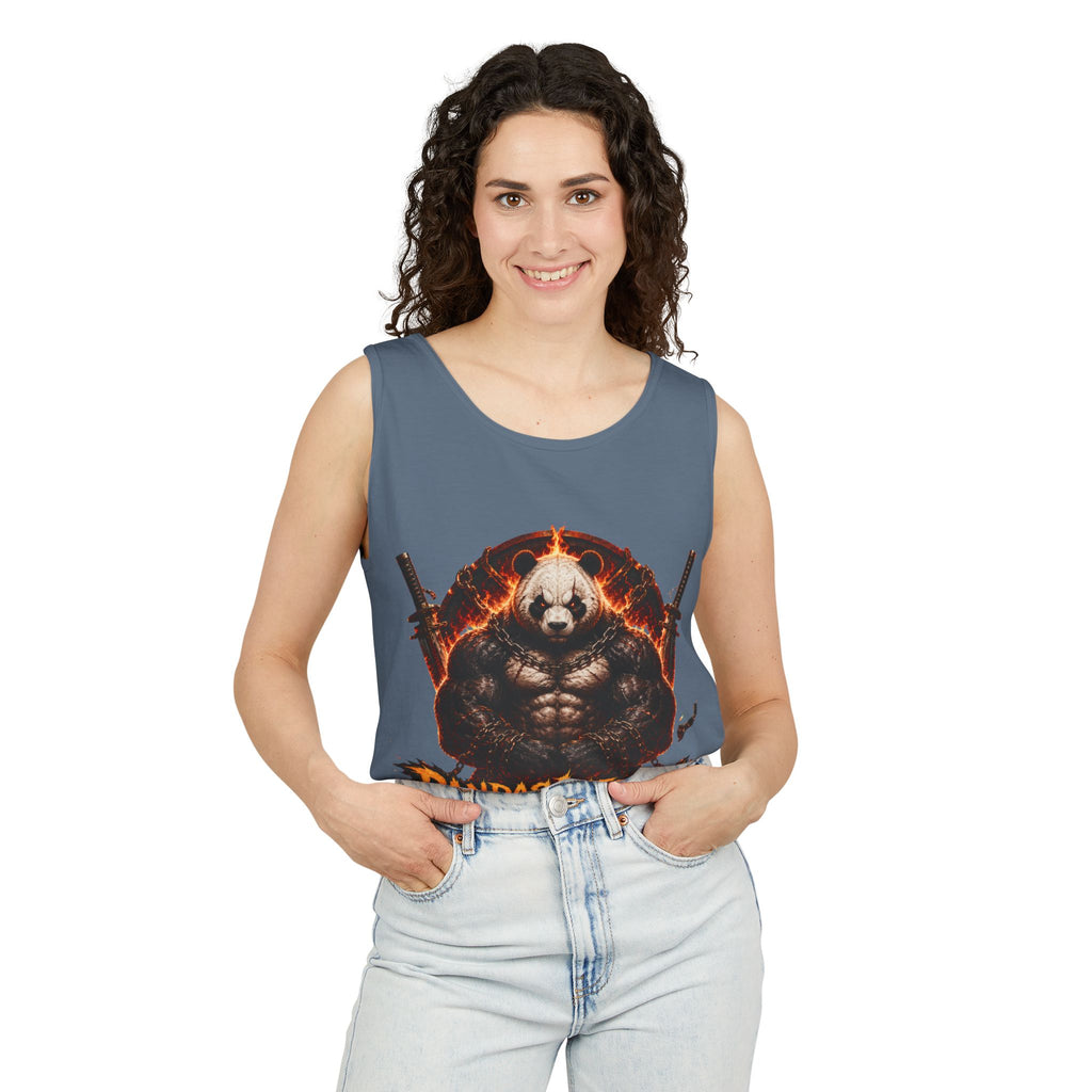 Pandas Inferno muscular panda graphic Tank Top | flaming skull, dual guns