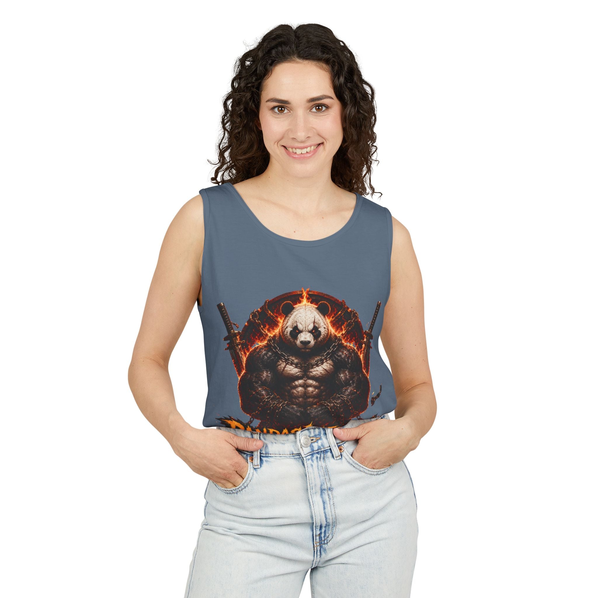 Pandas Inferno muscular panda graphic Tank Top | flaming skull, dual guns