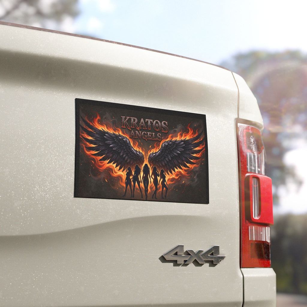 Kratos Angels Flame Wing Car Magnet — Fiery Angel Silhouette Vehicle Decal