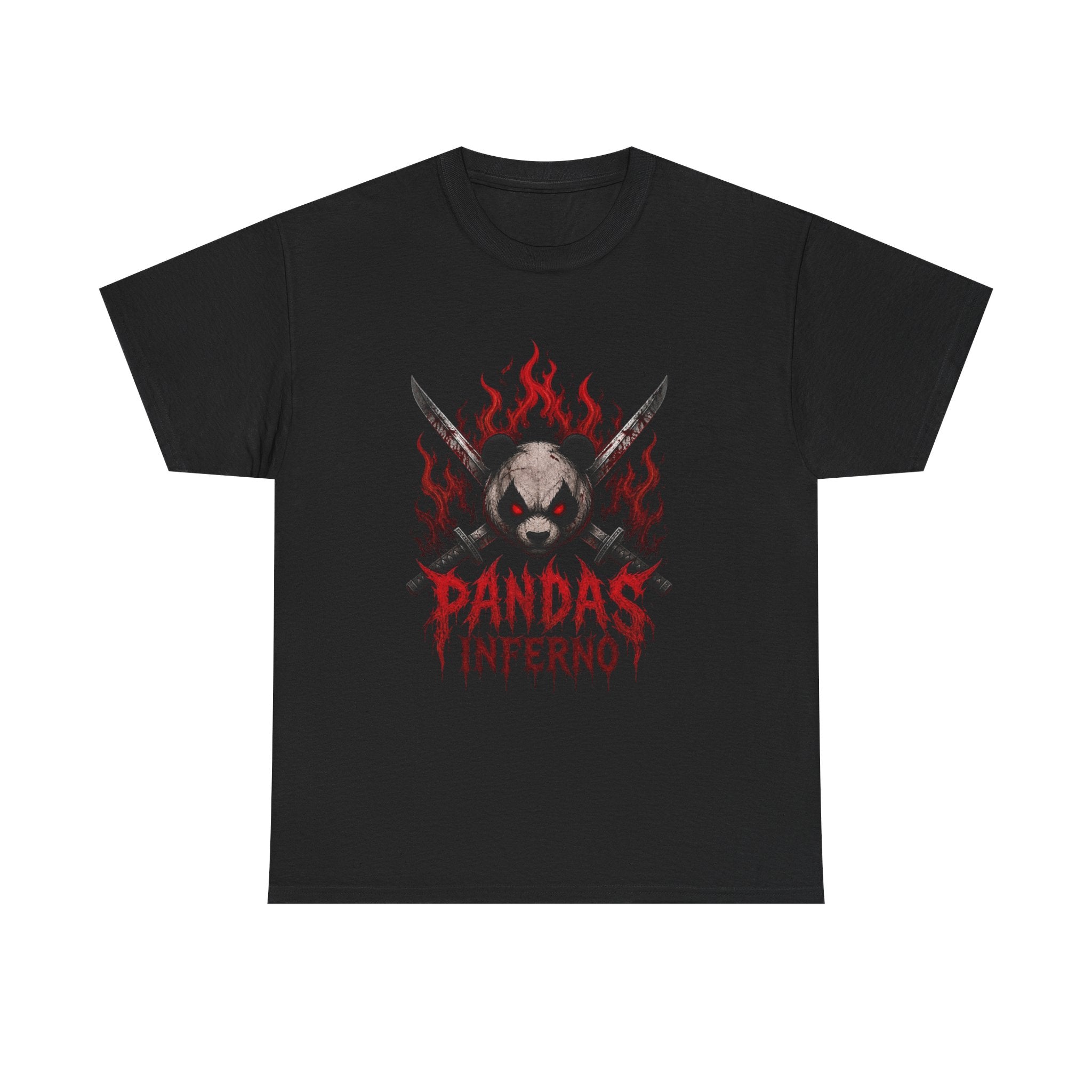 Pandas Inferno T-Shirt | Flaming Panda Skull, Crossed Swords