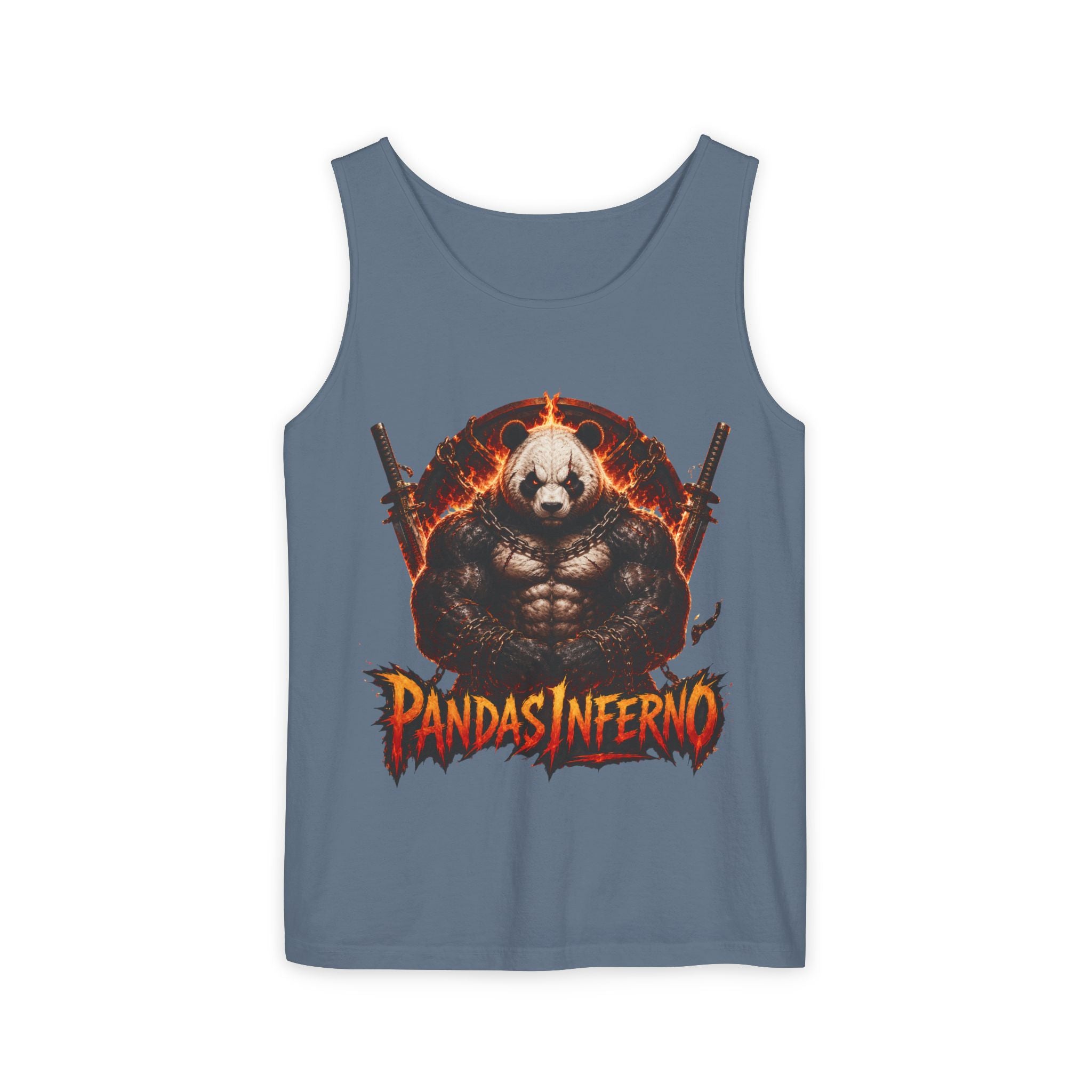 Pandas Inferno muscular panda graphic Tank Top | flaming skull, dual guns