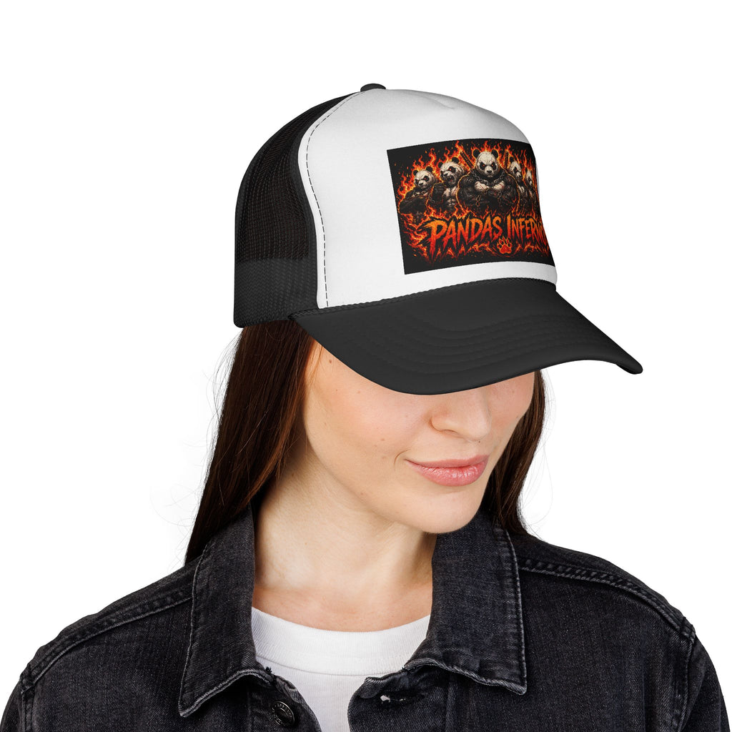 Pandas Inferno trucker cap | flaming panda skulls design