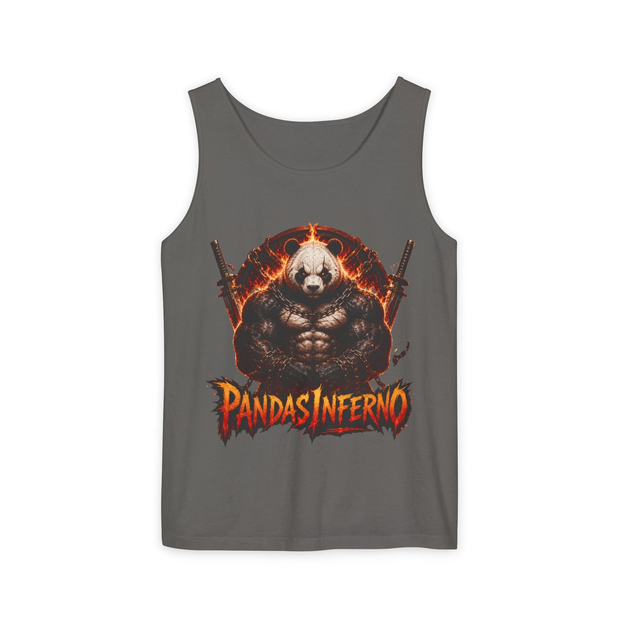 Pandas Inferno muscular panda graphic Tank Top | flaming skull, dual guns