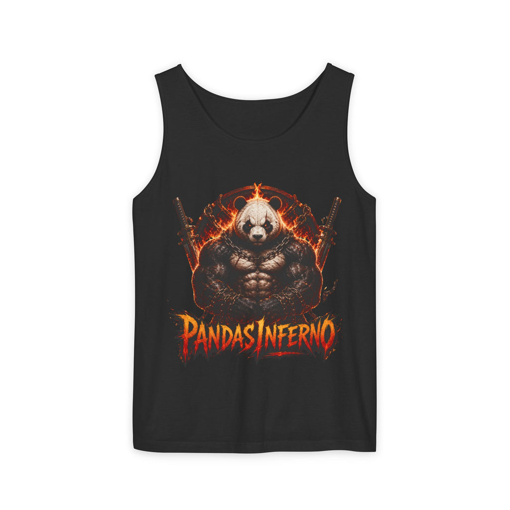 Pandas Inferno muscular panda graphic Tank Top | flaming skull, dual guns