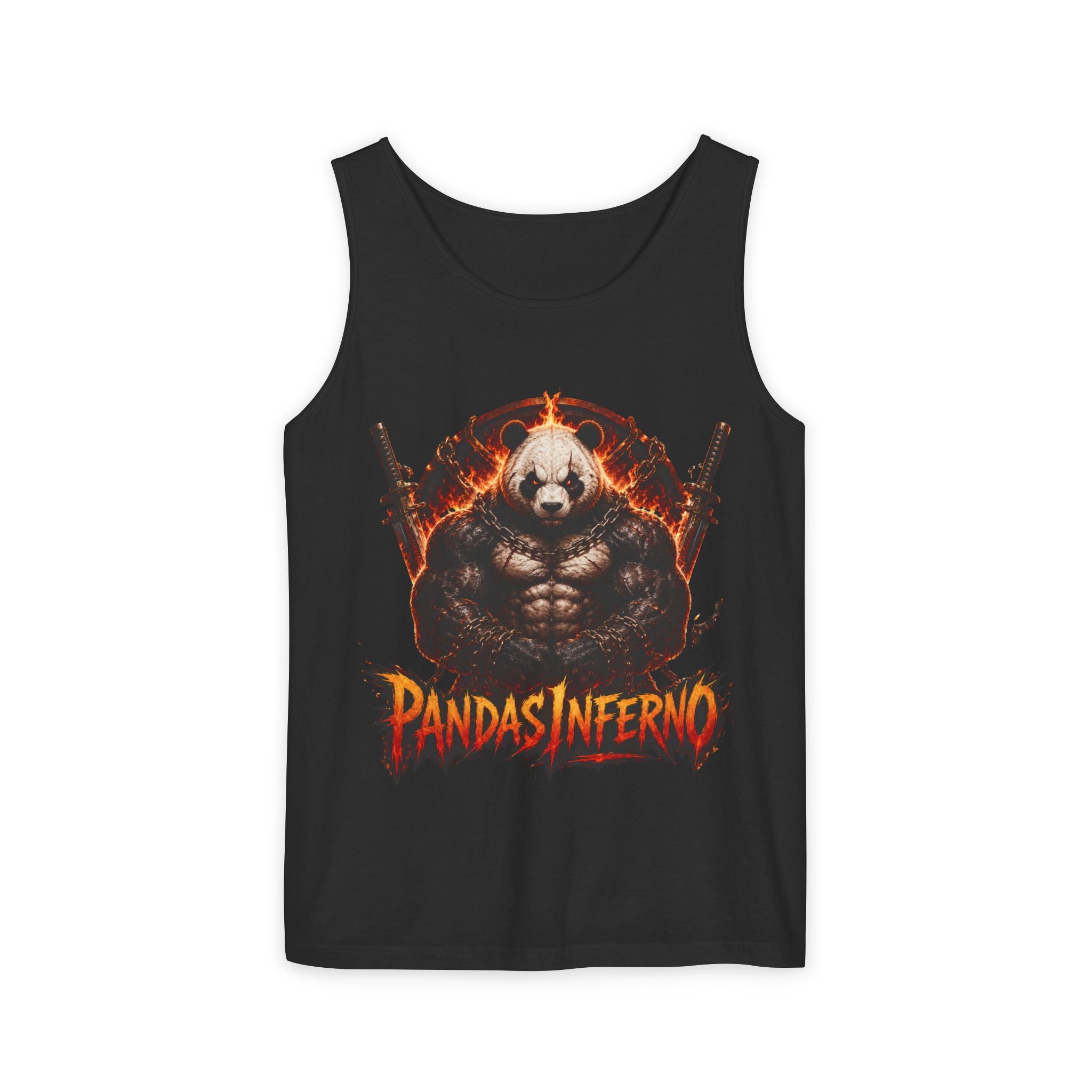 Pandas Inferno muscular panda graphic Tank Top | flaming skull, dual guns