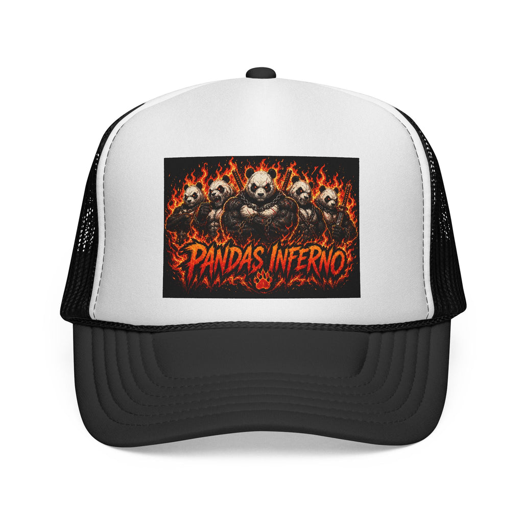 Pandas Inferno trucker cap | flaming panda skulls design