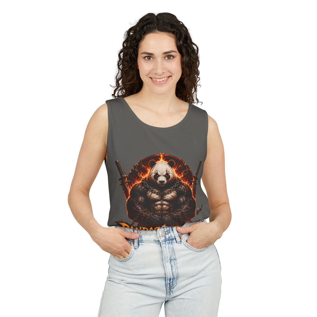Pandas Inferno muscular panda graphic Tank Top | flaming skull, dual guns